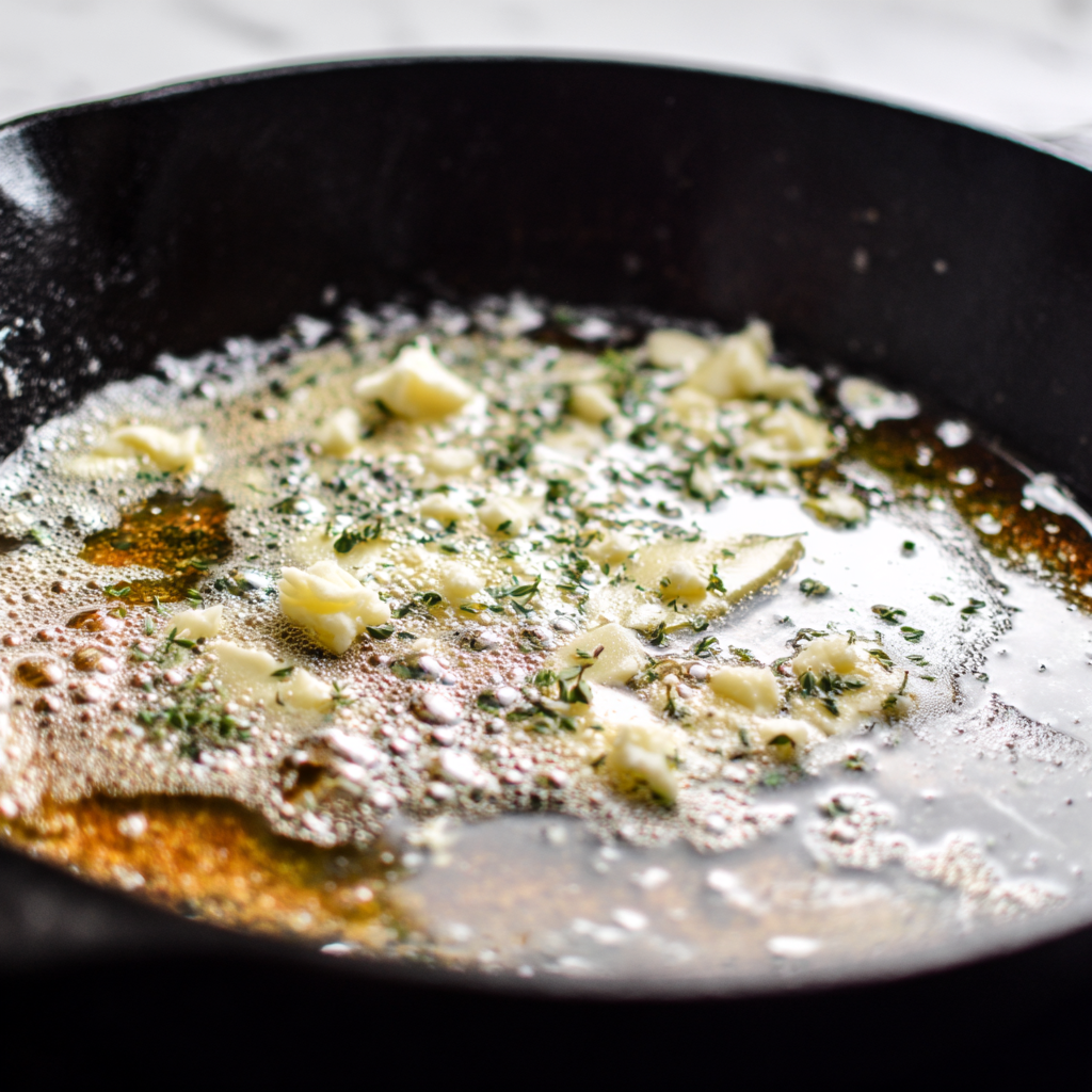 Butter melting in a cast iron skillet with minced garlic and fresh herbs