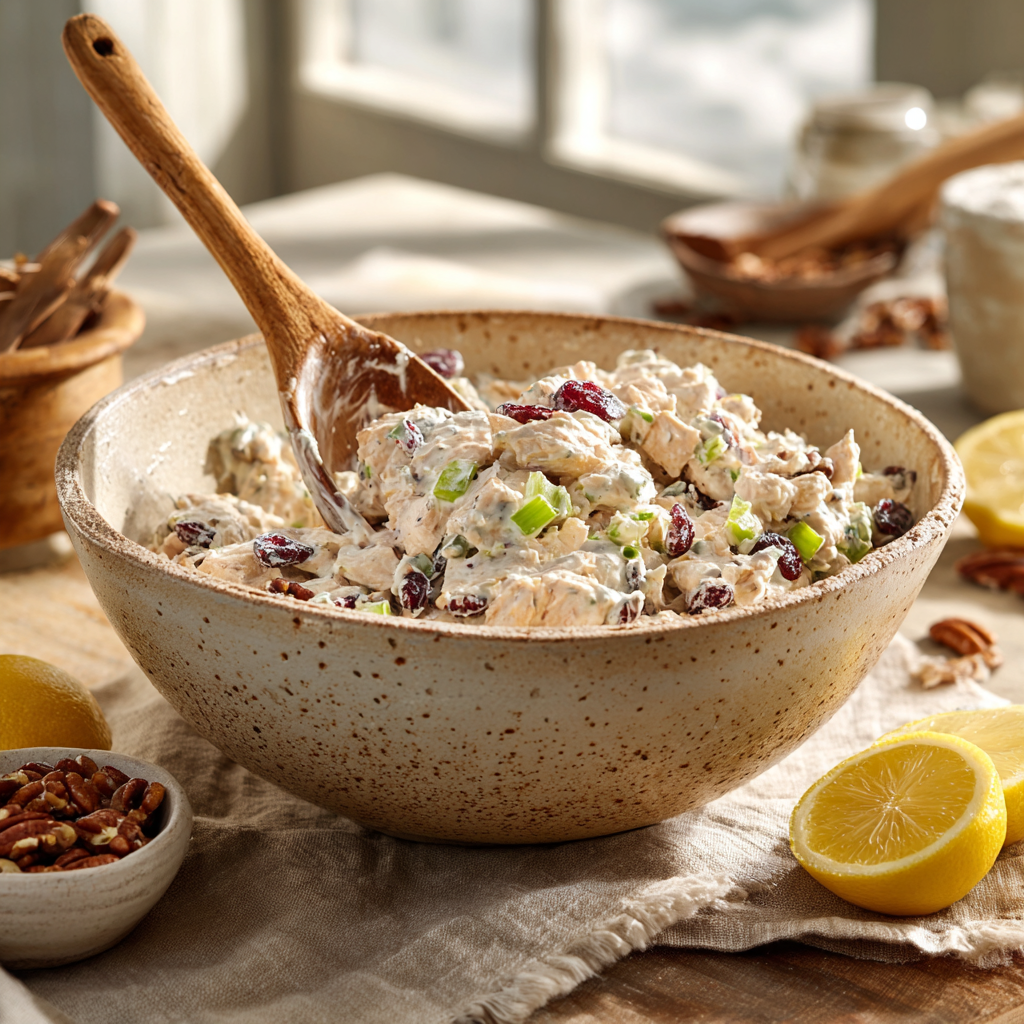 A rustic ceramic bowl filled with cranberry pecan chicken salad being stirred with a wooden spoon, showing the ingredients fully combined with the creamy dressing.