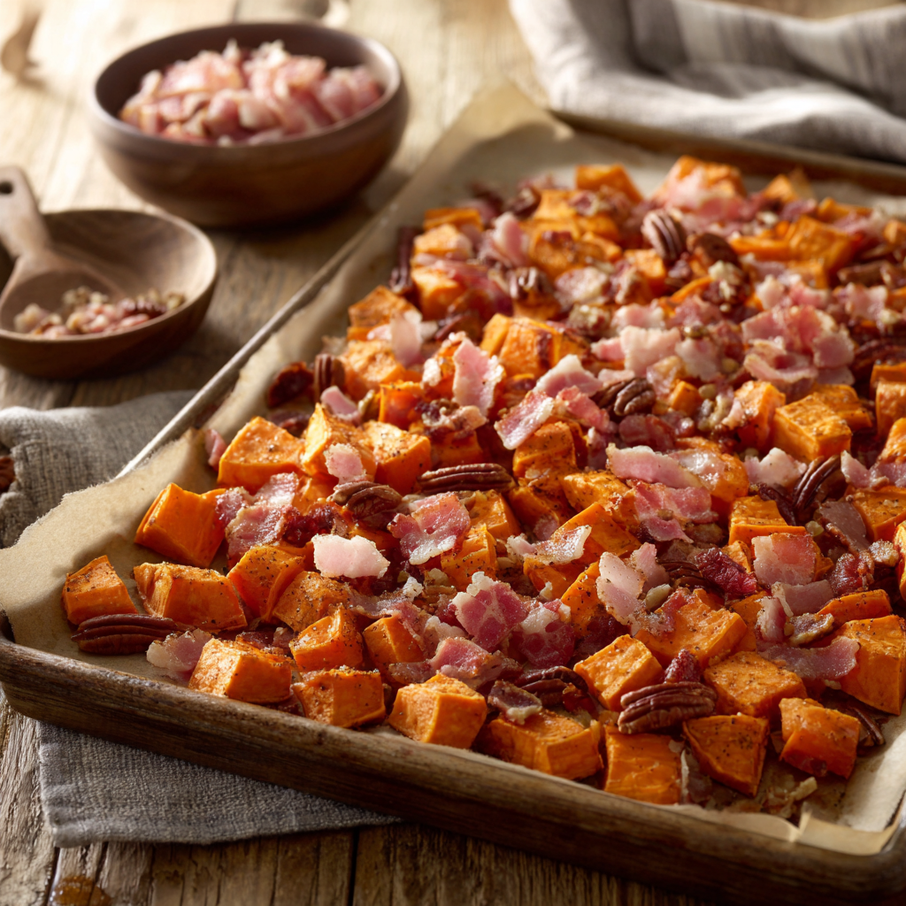 Seasoned sweet potato cubes spread on a parchment-lined baking sheet with raw chopped bacon and pecans sprinkled evenly on top in a rustic farmhouse kitchen.