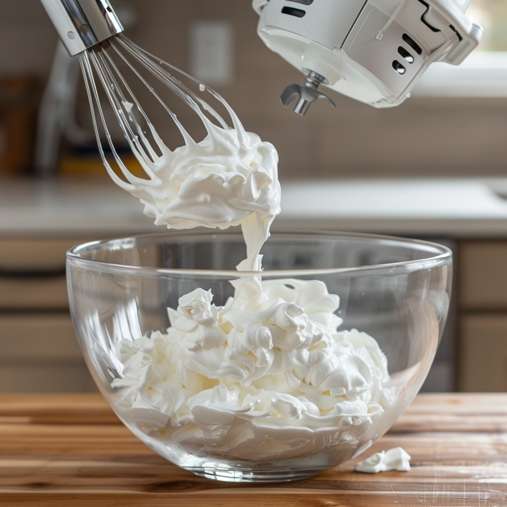 Heavy whipping cream whipped to stiff peaks in a glass bowl using a hand mixer