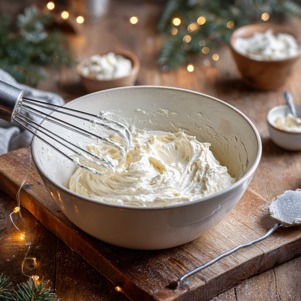 A white ceramic mixing bowl filled with whipped cream cheese, sour cream, and garlic powder being beaten with a metal whisk in a rustic holiday kitchen setting.
