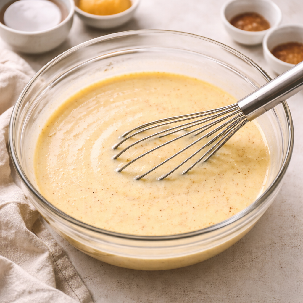 A bowl of smooth custard made from eggs, milk, sugar, and spices with a whisk resting inside.