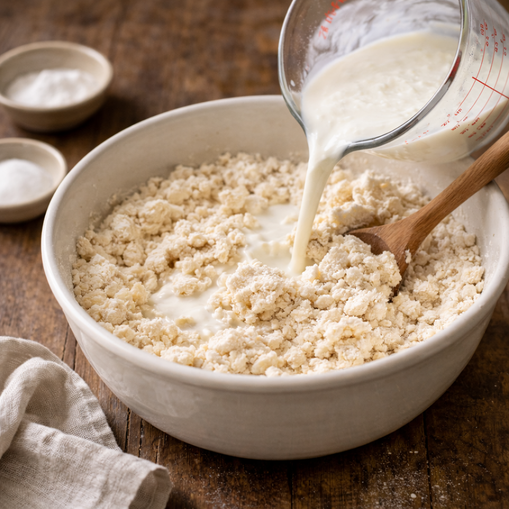 Cold buttermilk being poured into a flour and butter mixture and gently stirred to form a shaggy biscuit dough.