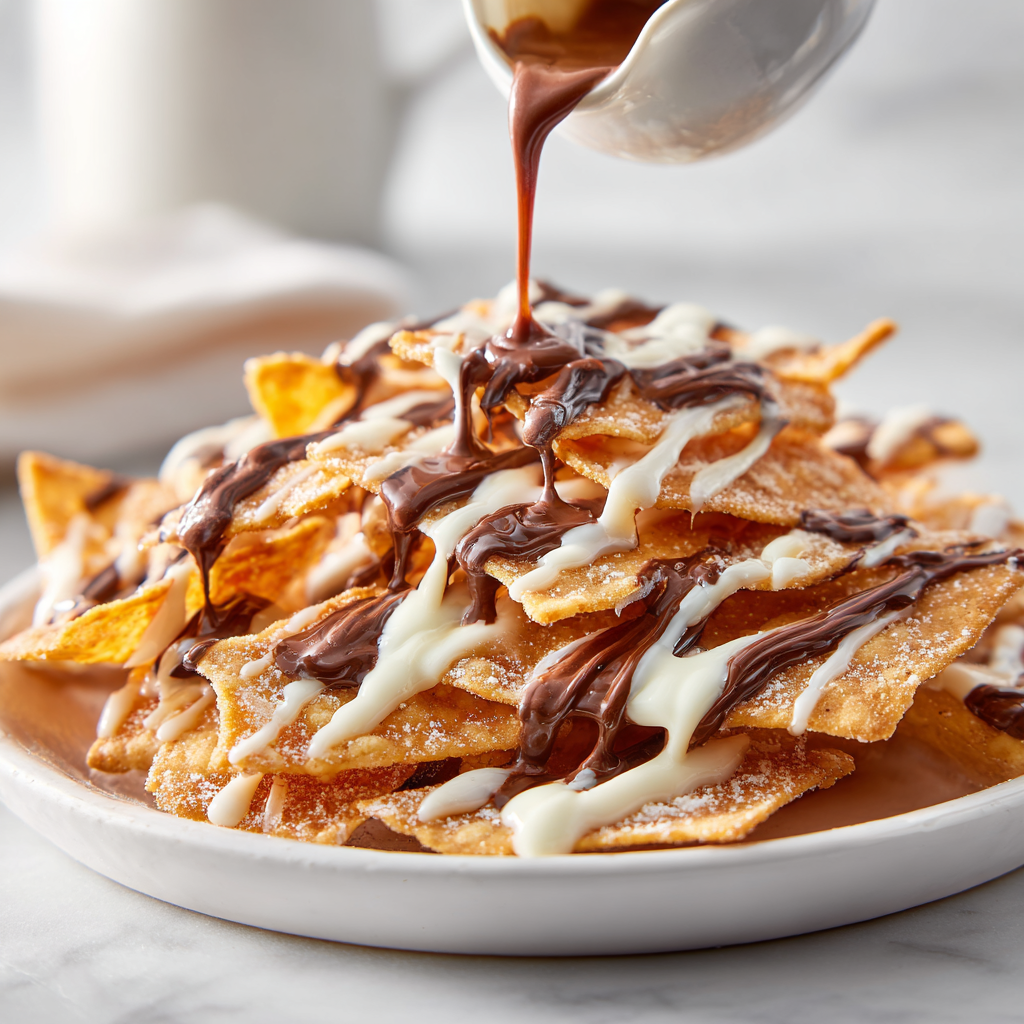 Cinnamon sugar tortilla chips arranged on a platter with melted milk and white chocolate being drizzled over the top