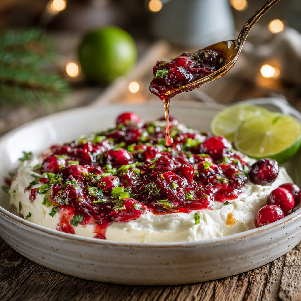 A shallow ceramic serving dish with a creamy layer of whipped cream cheese being topped with a spoonful of cranberry jalapeño mixture, with juices dripping over the edges in a rustic holiday kitchen setting.