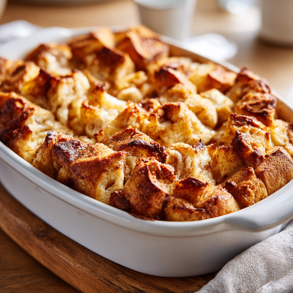 Baked cinnamon pull-apart bread in a white baking dish with a golden, rustic top.