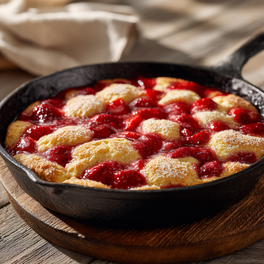 Strawberry shortcake skillet dessert baked until golden with bubbling strawberry filling around the edges in a cast iron skillet.