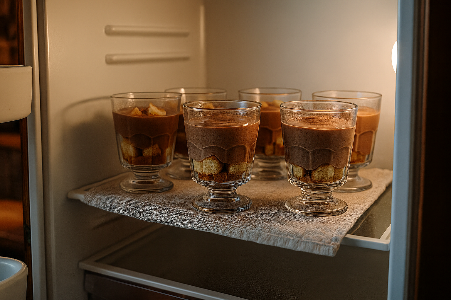 Glass dessert cups filled with pound cake cubes and mocha pudding chilling on a linen-covered shelf inside a refrigerator.