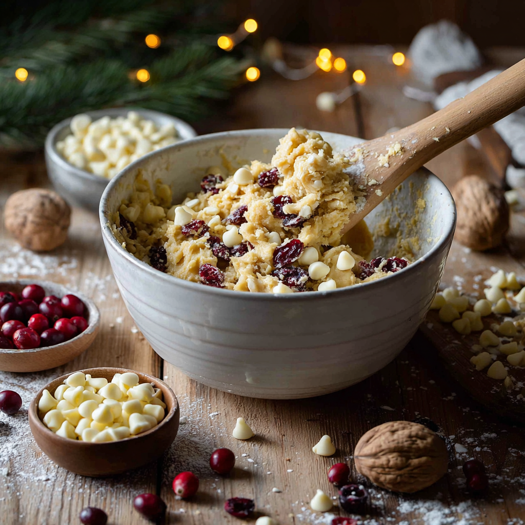 Blondie batter in a rustic mixing bowl as white chocolate chips, dried cranberries, and nuts are gently folded in with a wooden spatula in a cozy farmhouse kitchen setting.