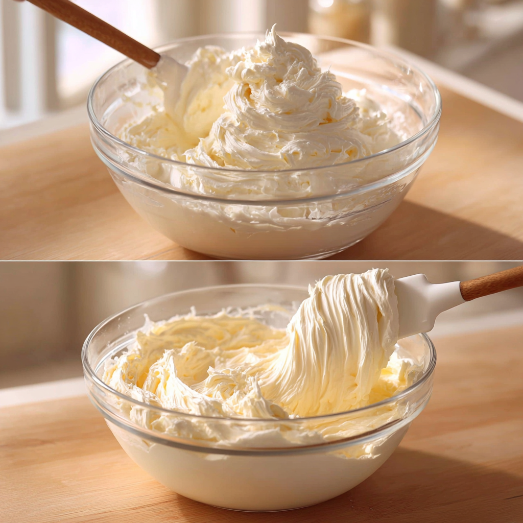 Whipped cream being gently folded into a cream cheese mixture with visible streaks in a glass bowl