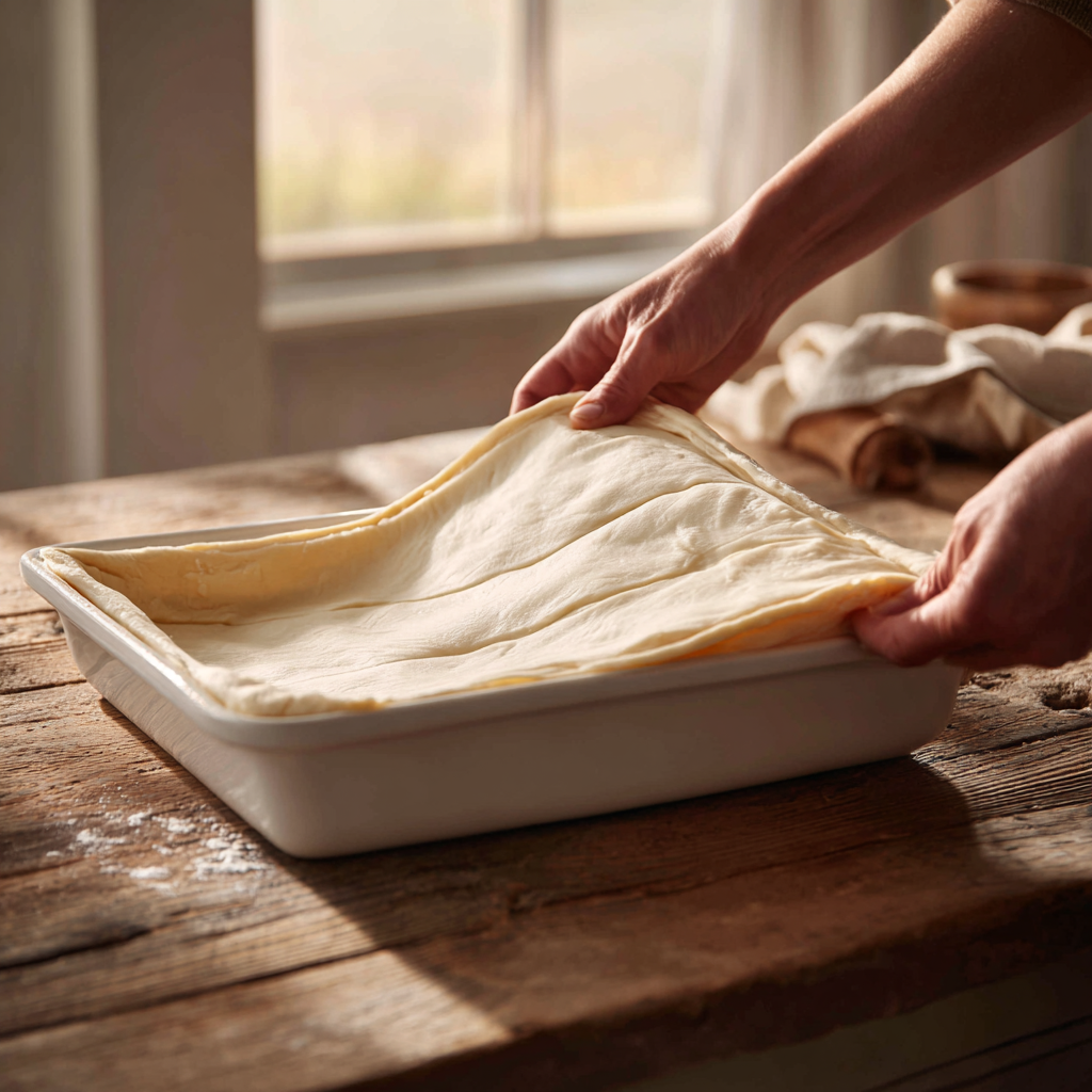 Laying a sheet of crescent dough over cream cheese filling in a baking dish