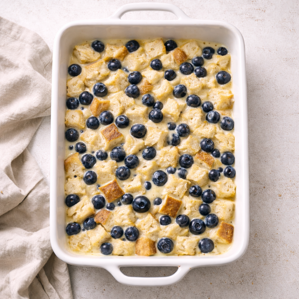 Custard poured over cubed bread and blueberries in a white 9x13 baking dish before baking.