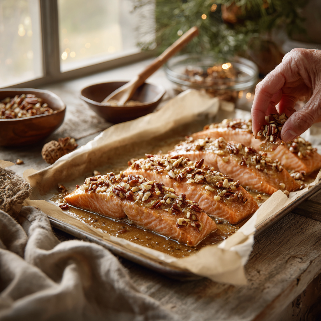 A hand sprinkles and presses finely chopped pecans onto maple-glazed salmon fillets on a parchment-lined baking sheet in a warm rustic kitchen setting.