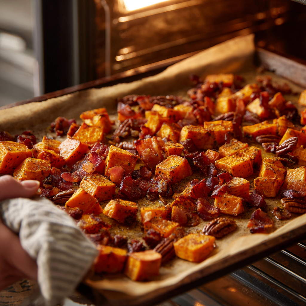 A baking sheet of roasted sweet potatoes, crispy bacon, and toasted pecans being pulled from the oven, showing caramelized edges and golden color.
