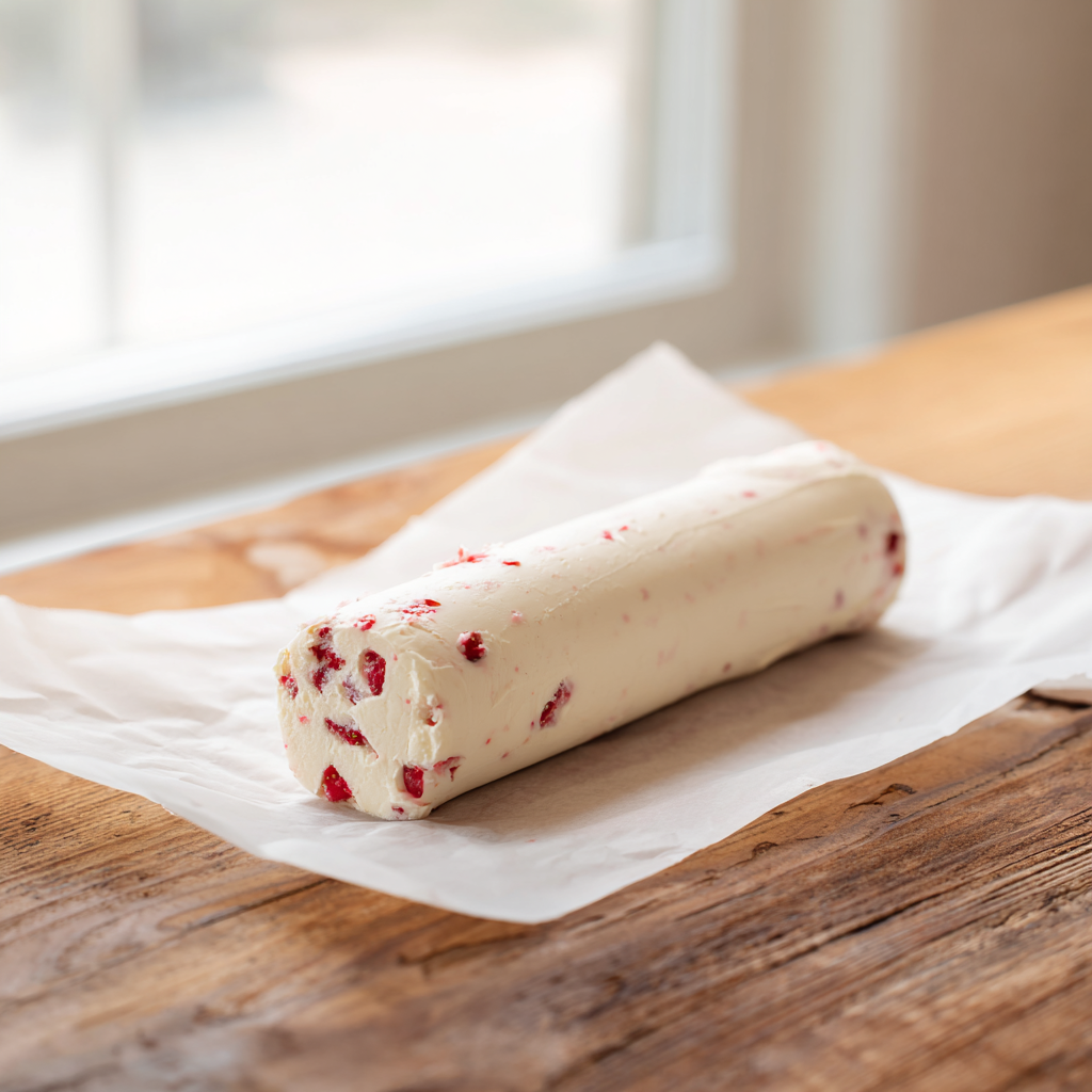 Strawberry compound butter shaped into a log on parchment paper before chilling