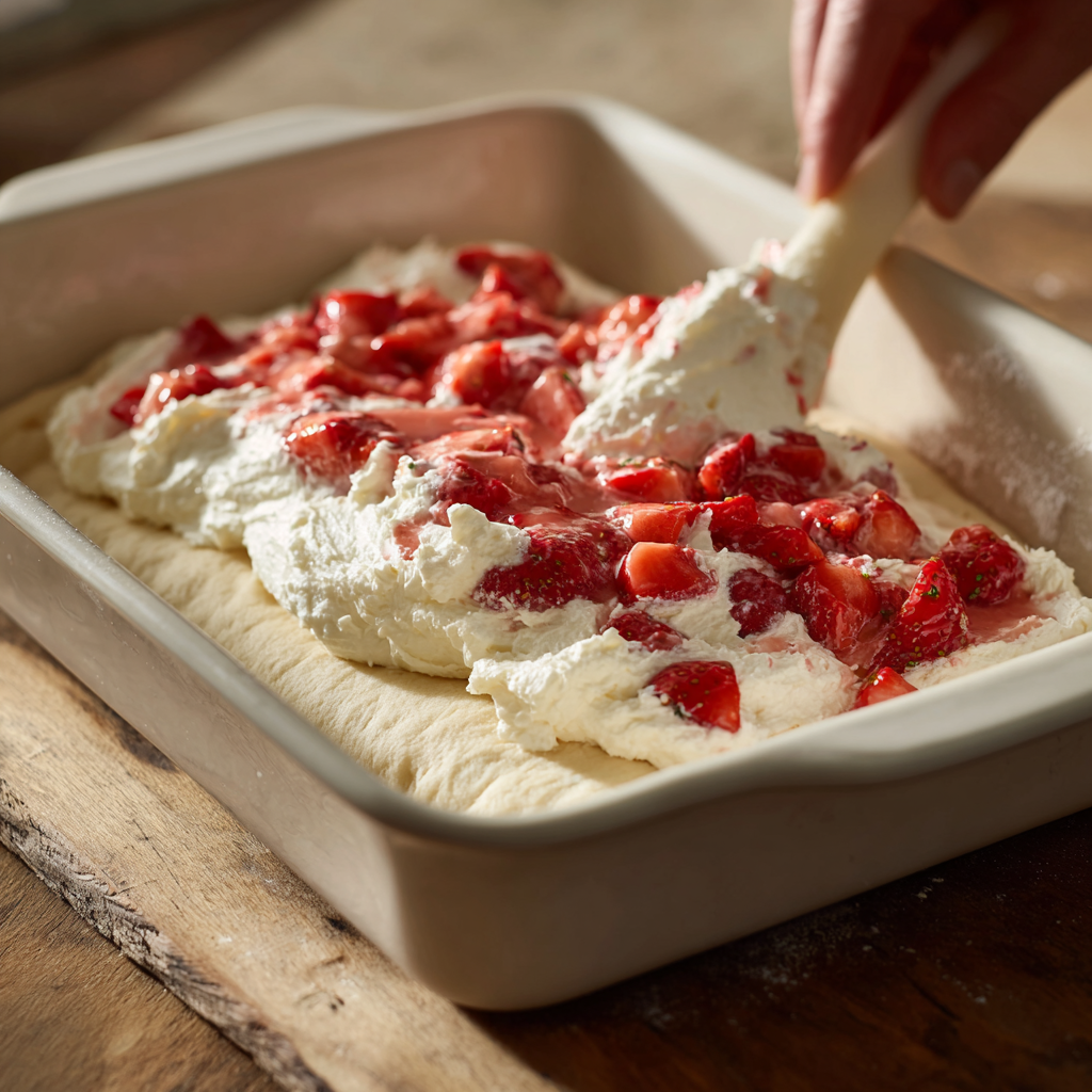 Spreading cream cheese filling with visible diced strawberries over crescent dough in a baking dish