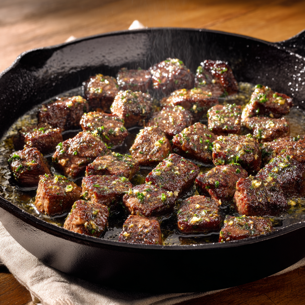 Steak bites coated in garlic butter and herbs in a cast iron skillet