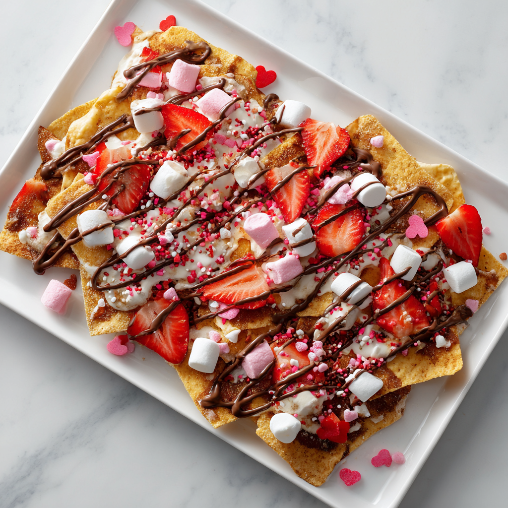 Dessert nachos topped with strawberries, marshmallows, Valentine sprinkles, and candy hearts on a white platter