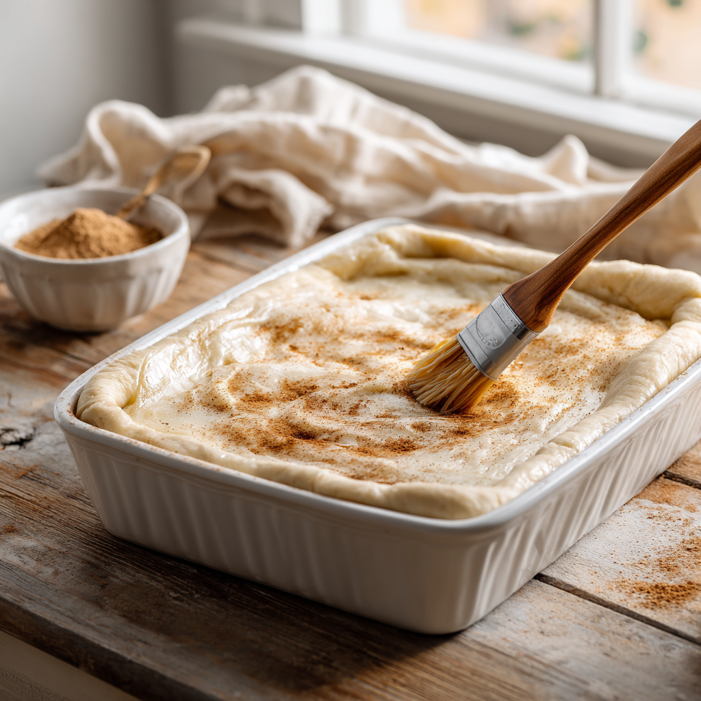Brushing melted butter and sprinkling cinnamon sugar over crescent dough in a baking dish