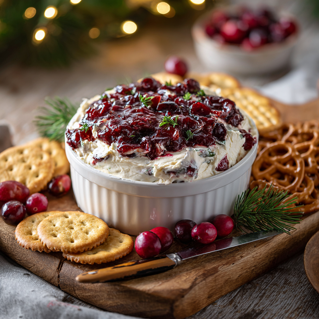 A ceramic dish filled with chilled cranberry jalapeño cream cheese dip surrounded by Ritz crackers, pretzel crisps, and fresh cranberries on a rustic wooden board in a cozy holiday setting.