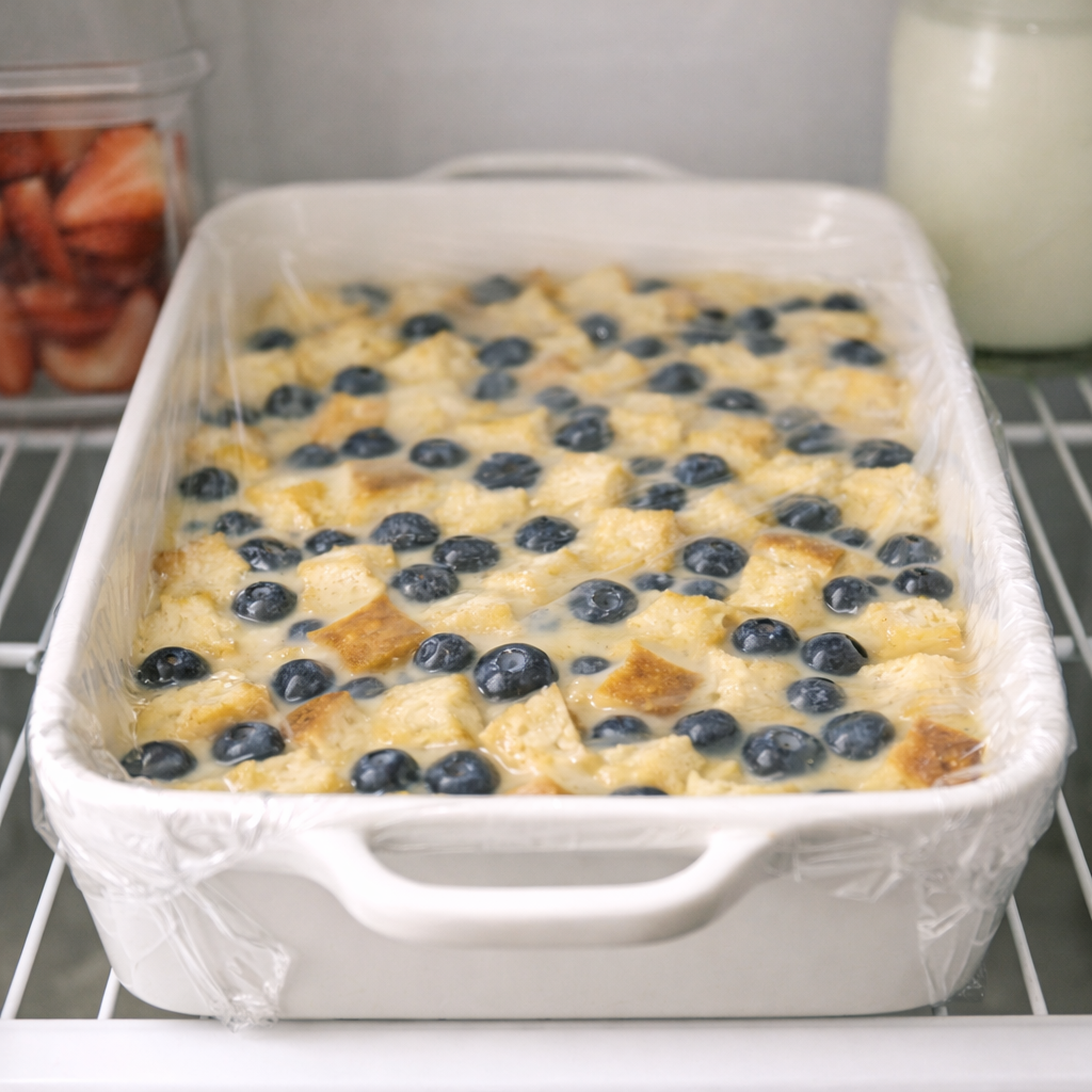 Blueberry breakfast bake covered and chilling in the refrigerator before baking.
