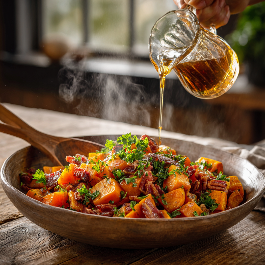 Maple syrup being drizzled over a warm bowl of roasted sweet potatoes with crispy bacon, pecans, and fresh parsley in a rustic farmhouse kitchen.