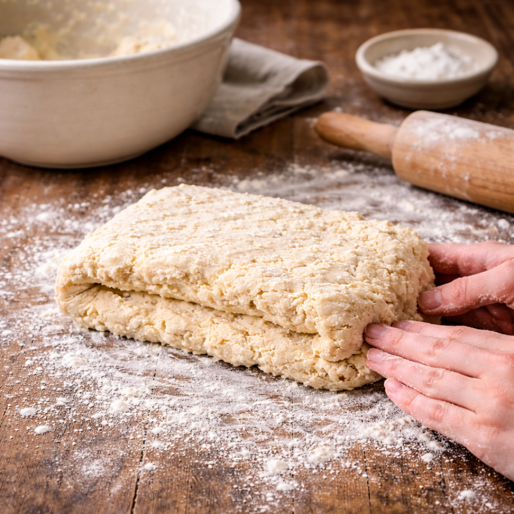 Biscuit dough folded over itself on a floured surface to create flaky layers.