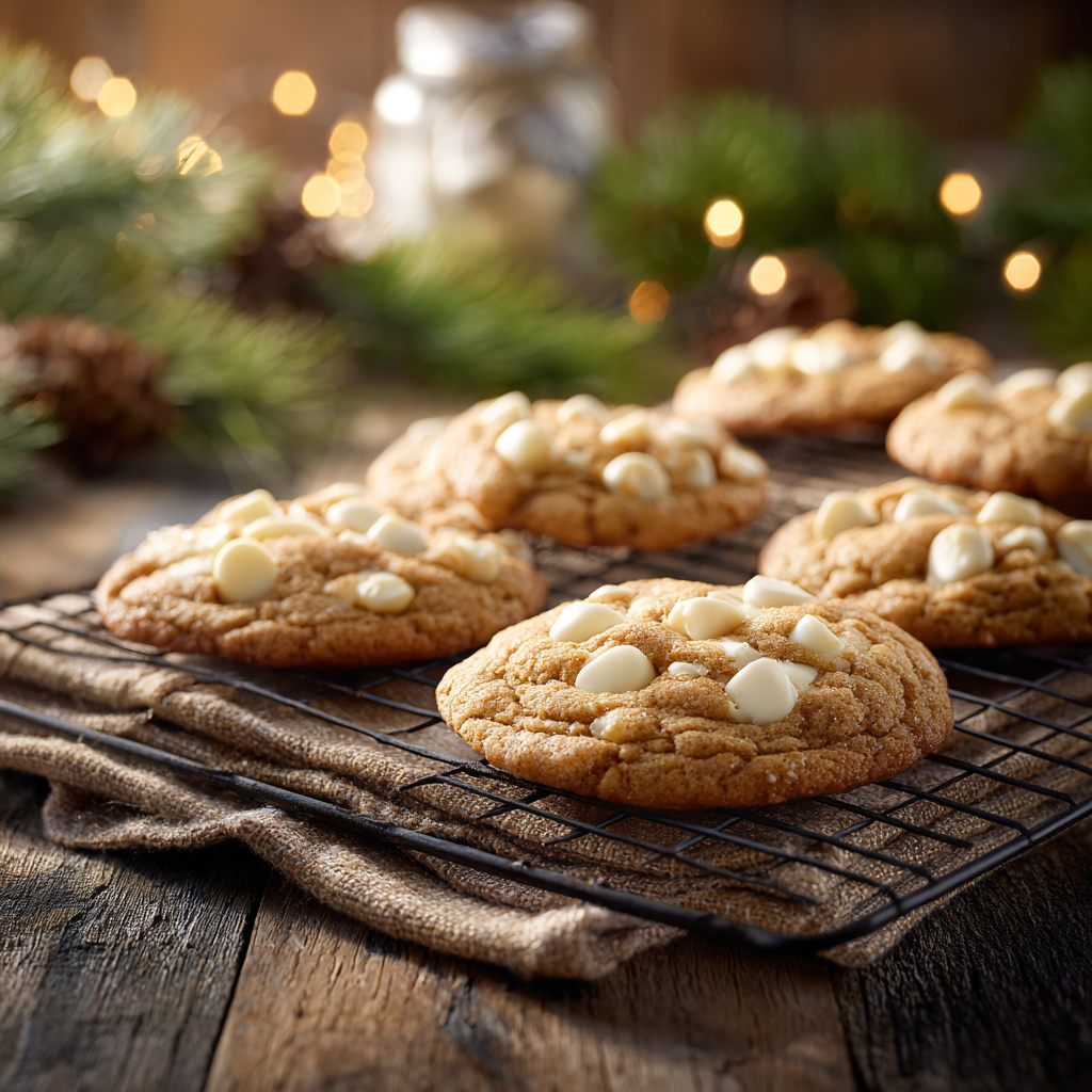 Freshly baked white chocolate gingerbread cookies cooling on a wire rack, golden brown and studded with white chocolate chips, with soft holiday lights and pine greenery in the background.