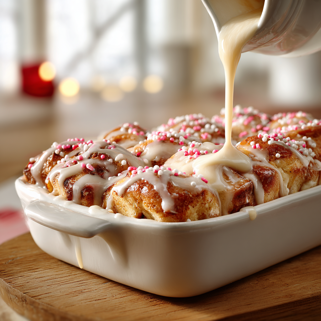 Vanilla icing being poured over warm cinnamon roll pull-apart bread with Valentine sprinkles.