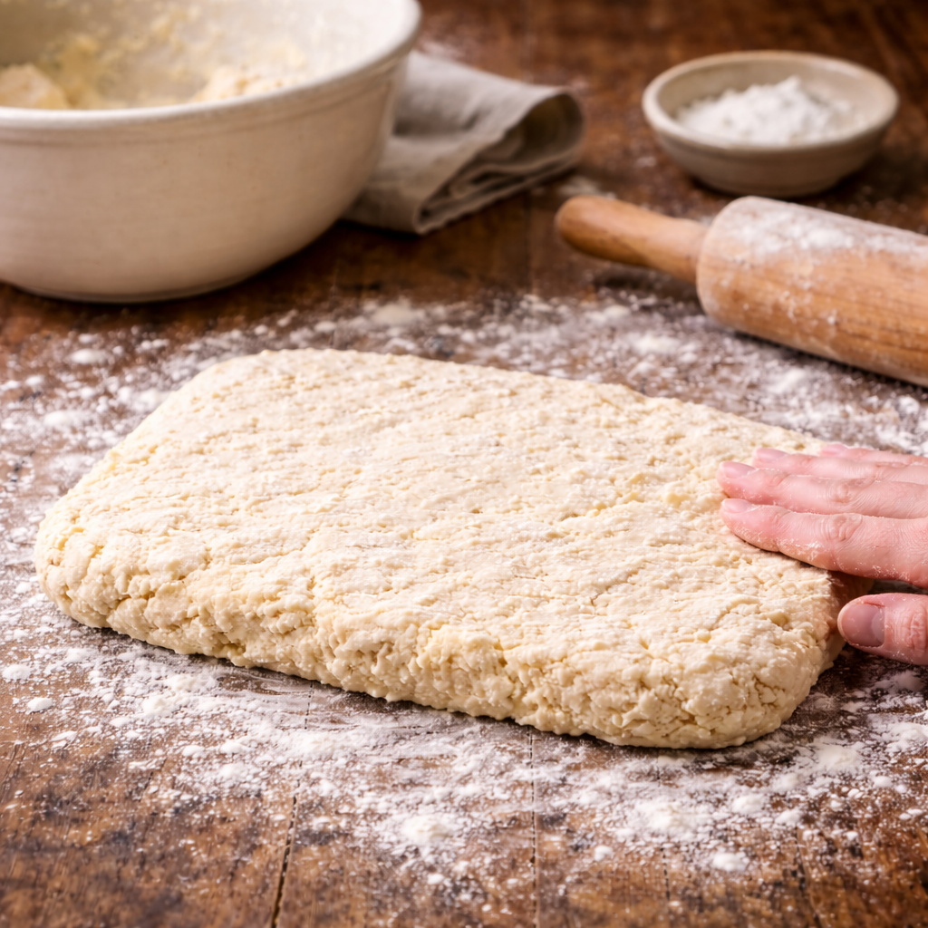 Biscuit dough gently patted into a thick rectangle on a floured surface before cutting.