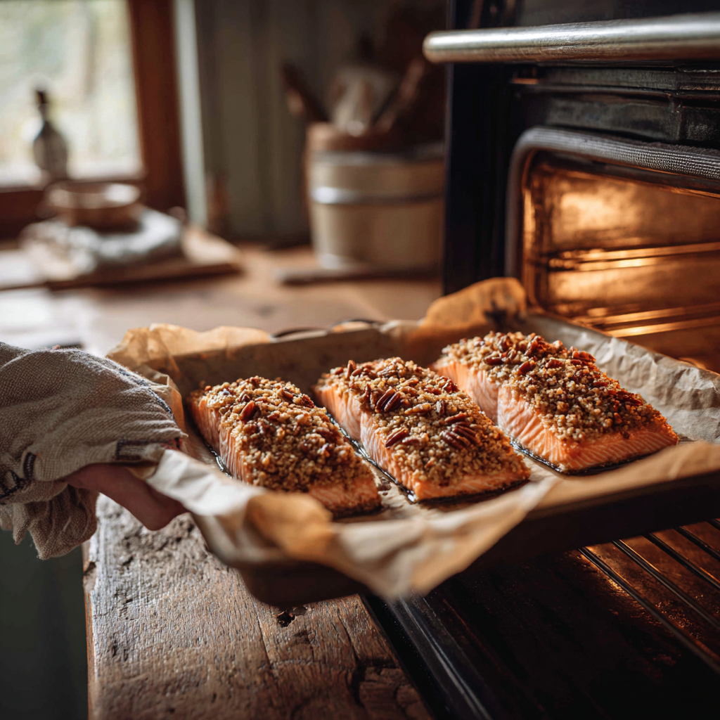 A hand slides a baking sheet of maple pecan crusted salmon fillets into a warm oven, with golden light highlighting the caramelized pecan topping in a rustic farmhouse kitchen.
