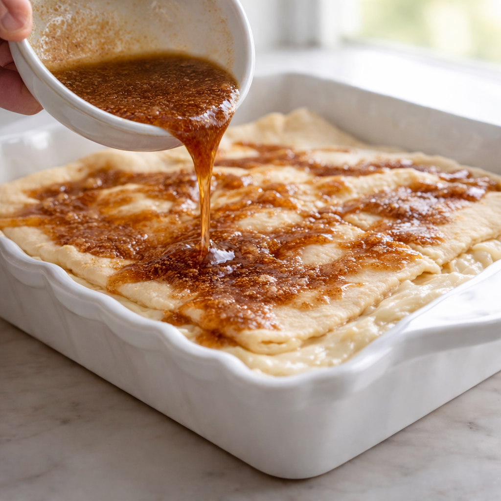 Cinnamon sugar butter topping being poured over raw crescent roll dough in a cream cheese danish casserole