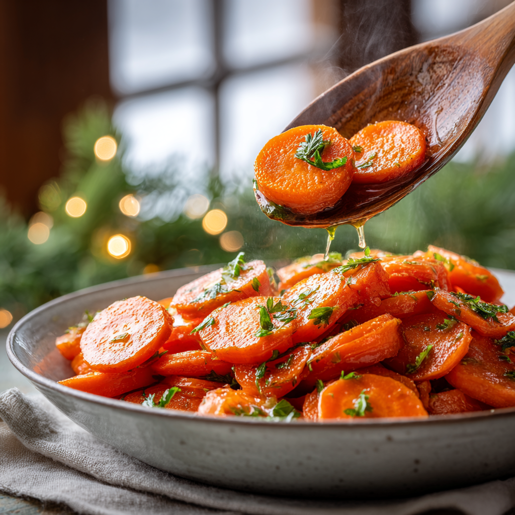 Sliced carrots being coated in a thickened honey-butter glaze, stirred with a wooden spoon in a rustic pan with steam rising in warm natural light.