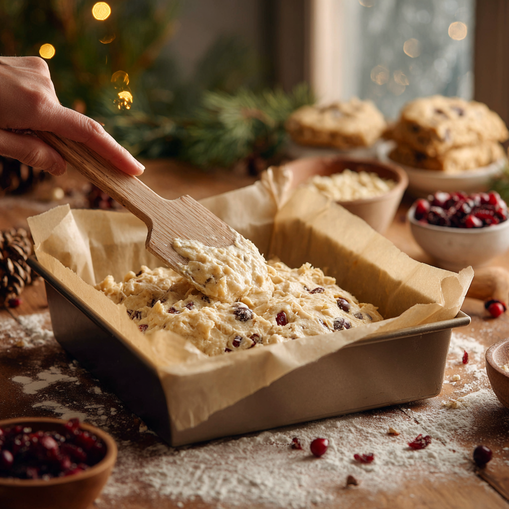 A hand spreading thick blondie batter with cranberries and white chocolate chips into a parchment-lined baking pan in a cozy rustic kitchen with holiday décor.