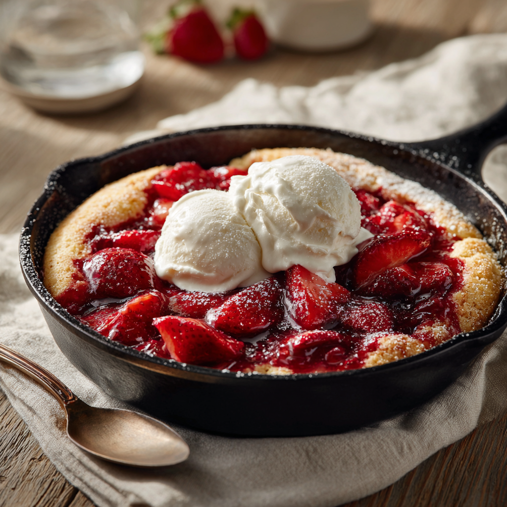 Strawberry shortcake skillet dessert served warm with melting vanilla ice cream on top.