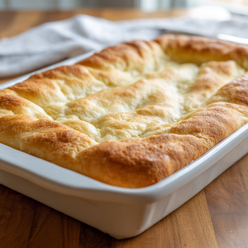 Baked crescent dough casserole with a smooth golden brown top in a baking dish