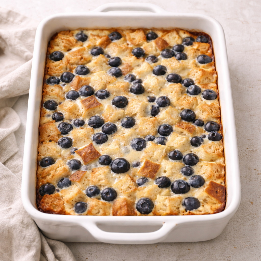 Baked blueberry breakfast bake with a lightly golden top and set custardy center in a white baking dish.
