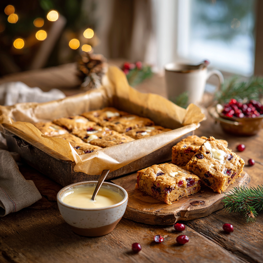A pan of freshly baked White Chocolate Cranberry Blondies cooling in parchment, with sliced blondie squares on a wooden board and a bowl of melted white chocolate ready for drizzling in a cozy rustic kitchen.
