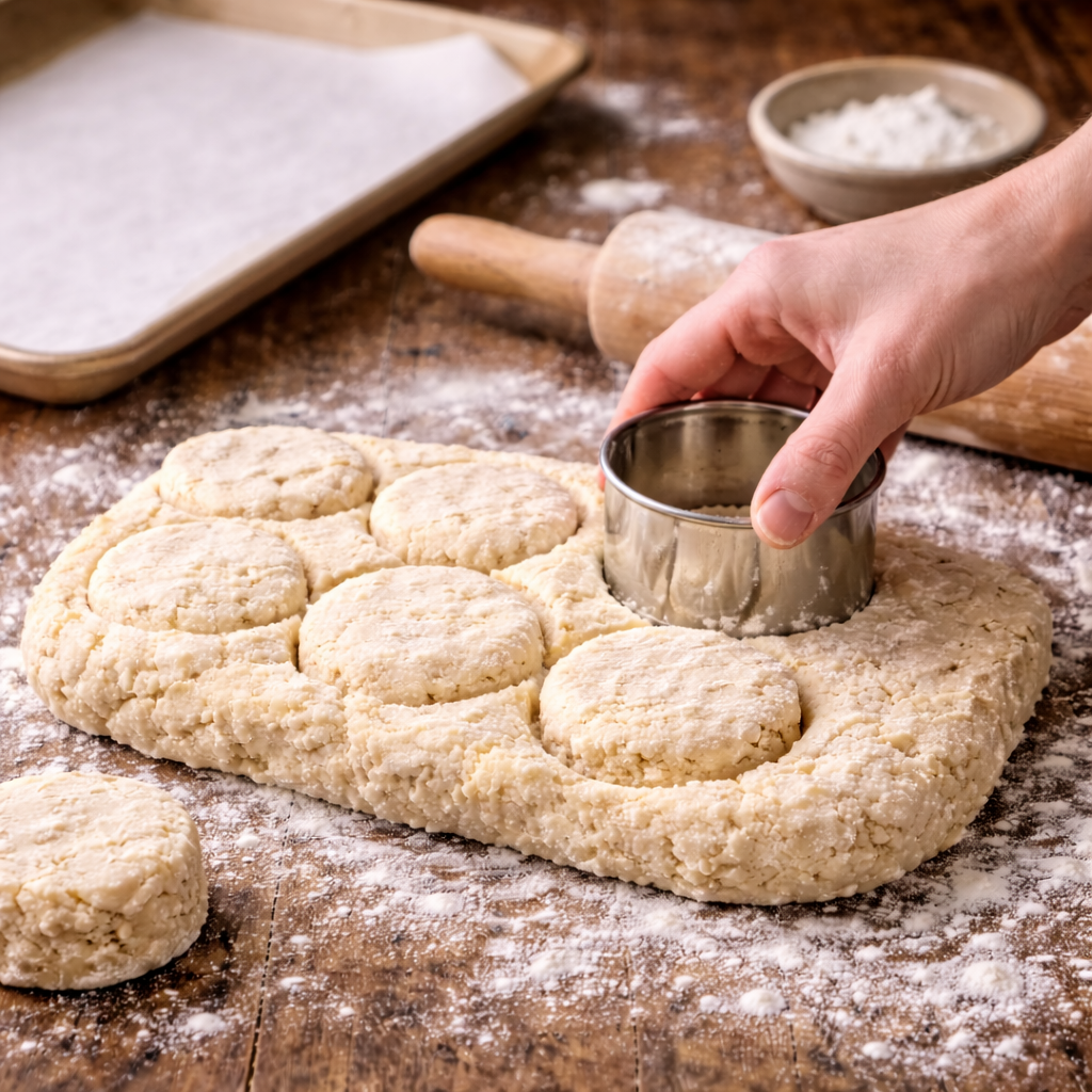 Biscuit dough being cut straight down with a round biscuit cutter on a floured surface.