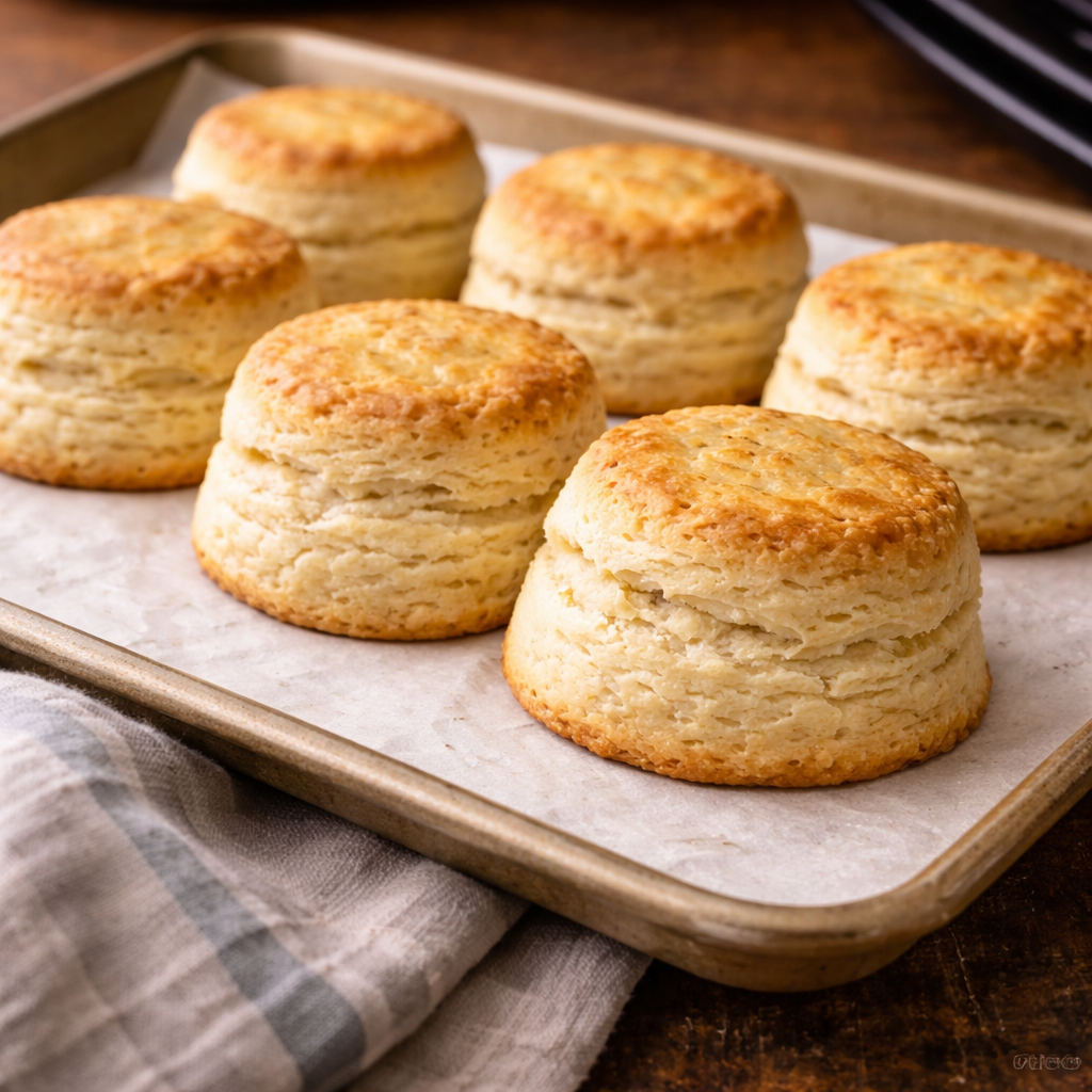 Freshly baked classic buttermilk biscuits on a parchment-lined baking sheet with tall, flaky layers.