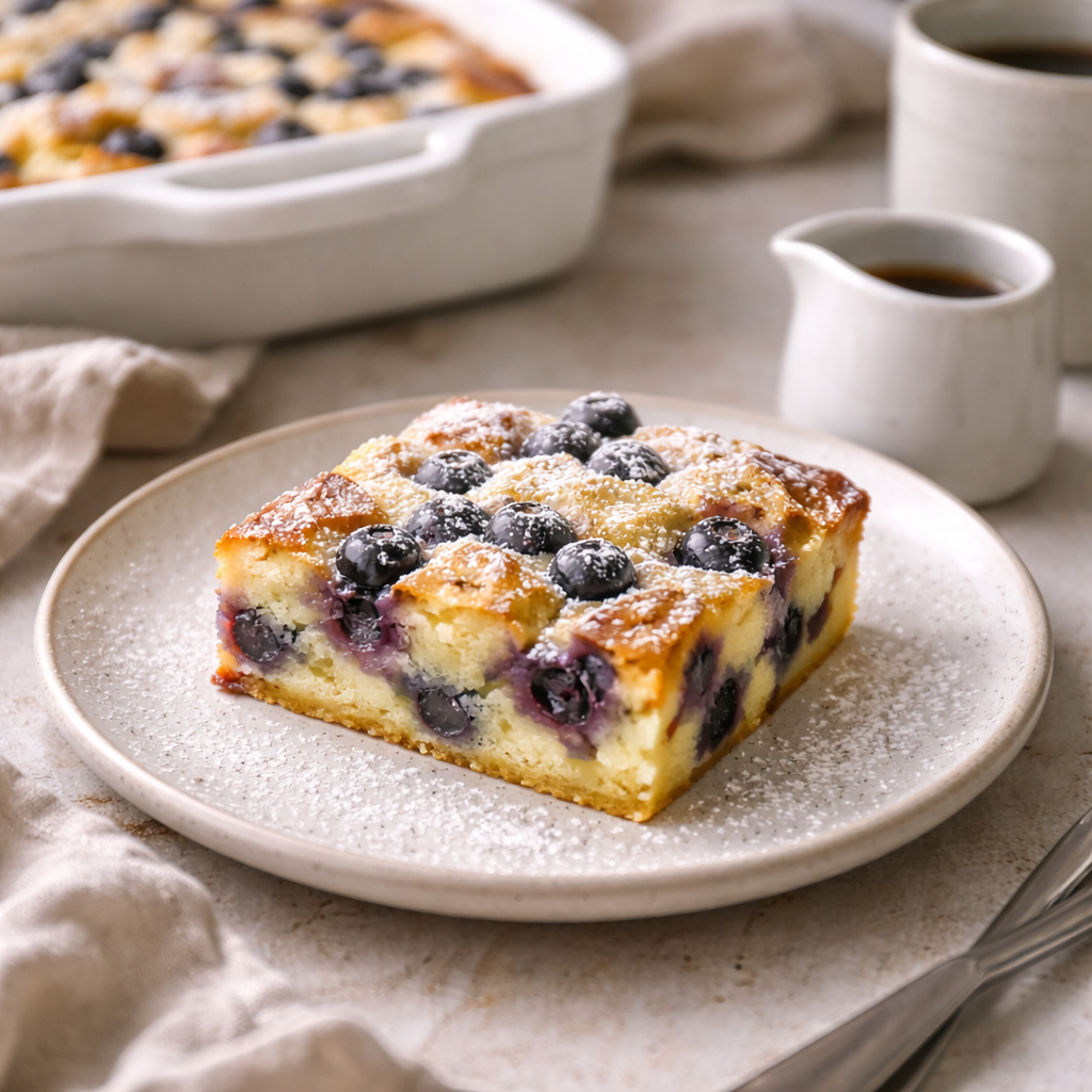A plated slice of blueberry breakfast bake dusted with powdered sugar, showing a soft custardy interior with baked blueberries.