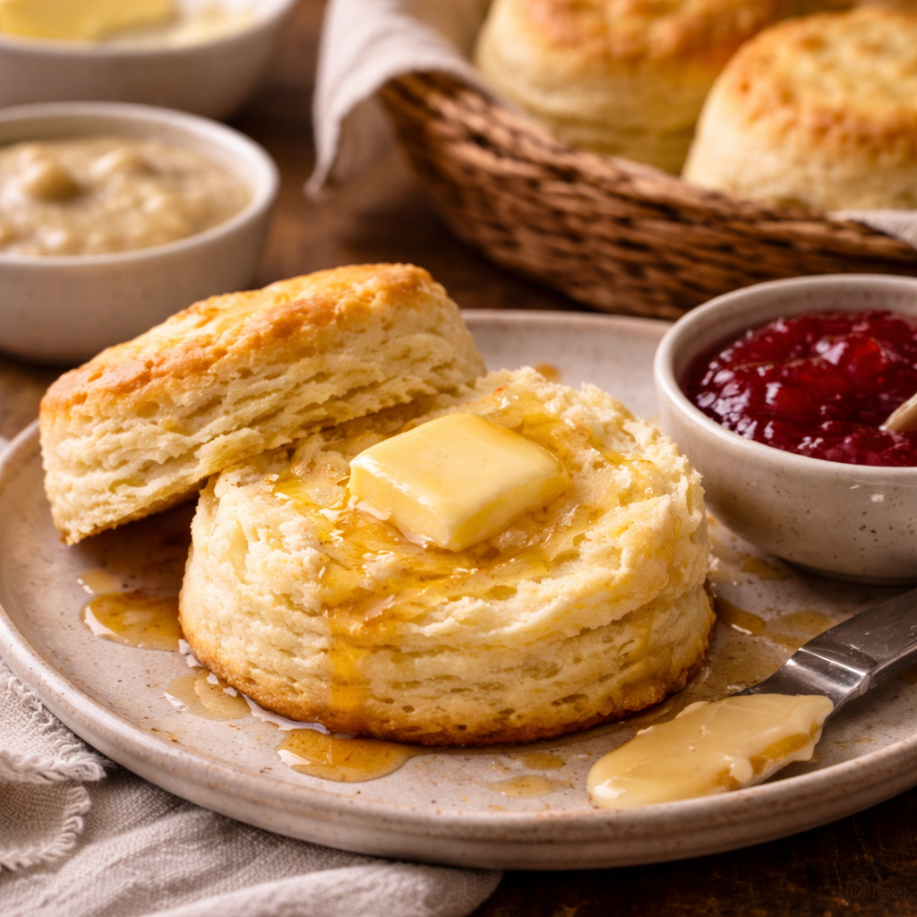 Split buttermilk biscuit served warm with melting butter and honey, with jam and gravy on the side.