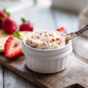 Strawberry compound butter made with real butter and fresh strawberries in a white ramekin with a butter knife