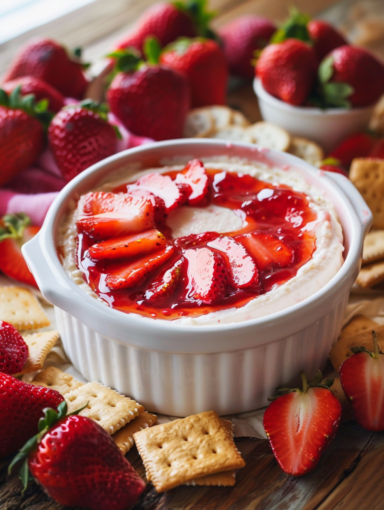 Creamy strawberry cheesecake dip topped with strawberry preserves and fresh strawberries, served with graham crackers
