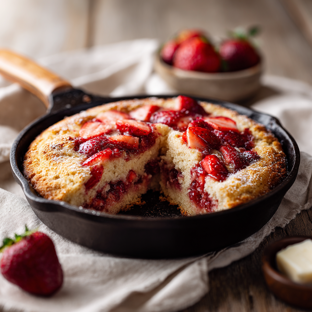 Strawberry shortcake skillet dessert cut to show a soft, tender shortcake crumb and baked strawberry layer, demonstrating proper doneness.