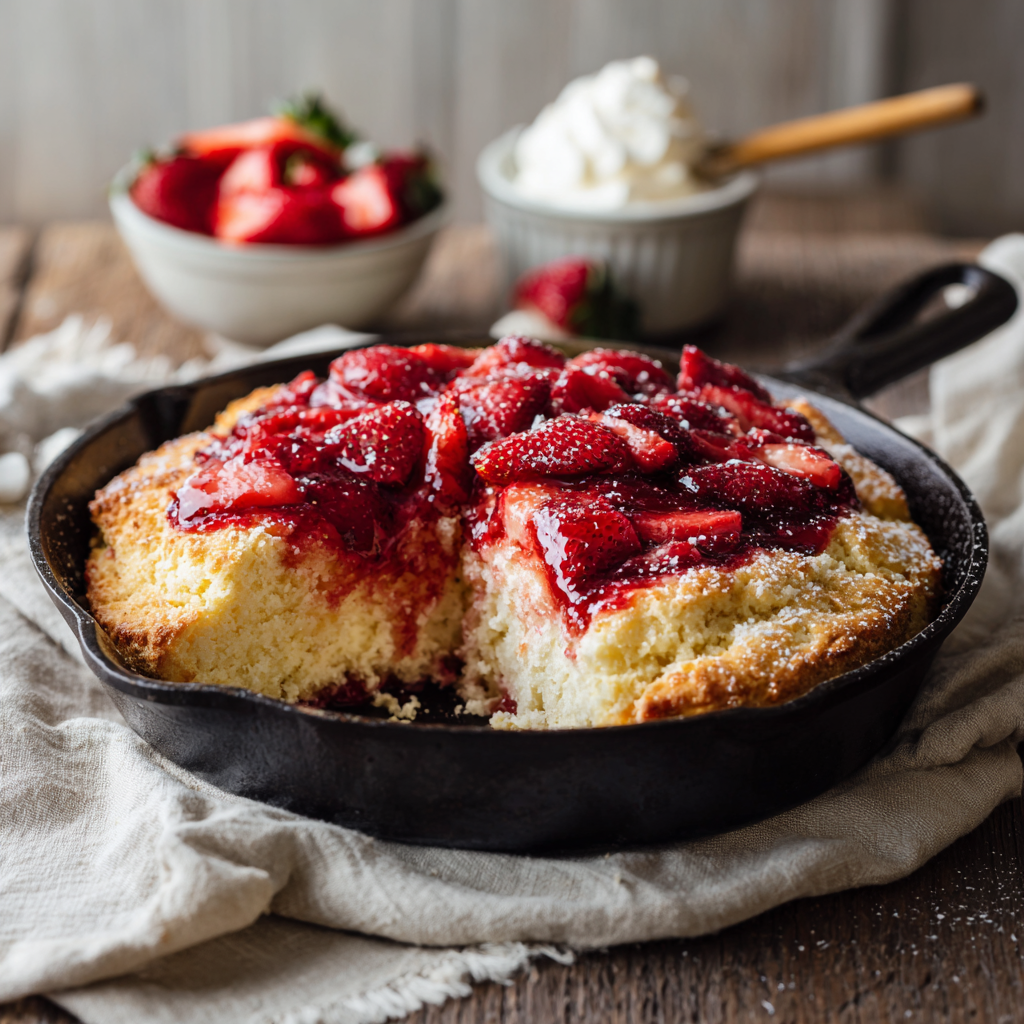 Strawberry shortcake skillet dessert cut open to show a soft, tender shortcake crumb with baked strawberries throughout.
