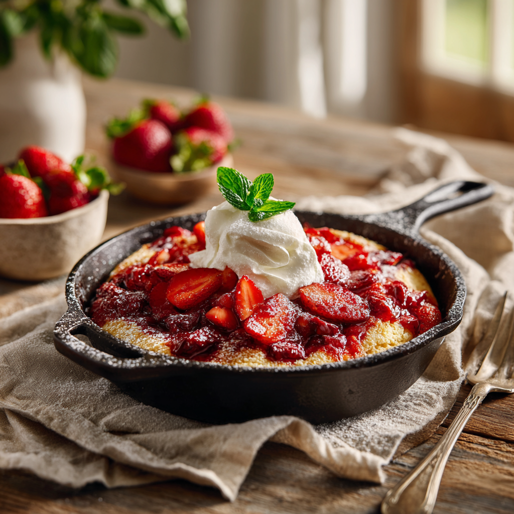 Strawberry shortcake skillet dessert baked in a cast iron skillet with a golden shortcake base, jammy baked strawberries, and a dollop of whipped cream on top.