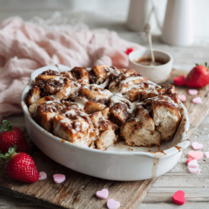 Valentine cinnamon roll pull-apart bread made from cut cinnamon roll dough pieces, baked until golden and drizzled with vanilla glaze in a white baking dish.