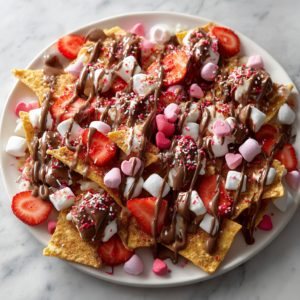Valentine dessert nachos made with cinnamon sugar tortilla chips, melted chocolate, white chocolate drizzle, fresh strawberries, marshmallows, and festive Valentine sprinkles