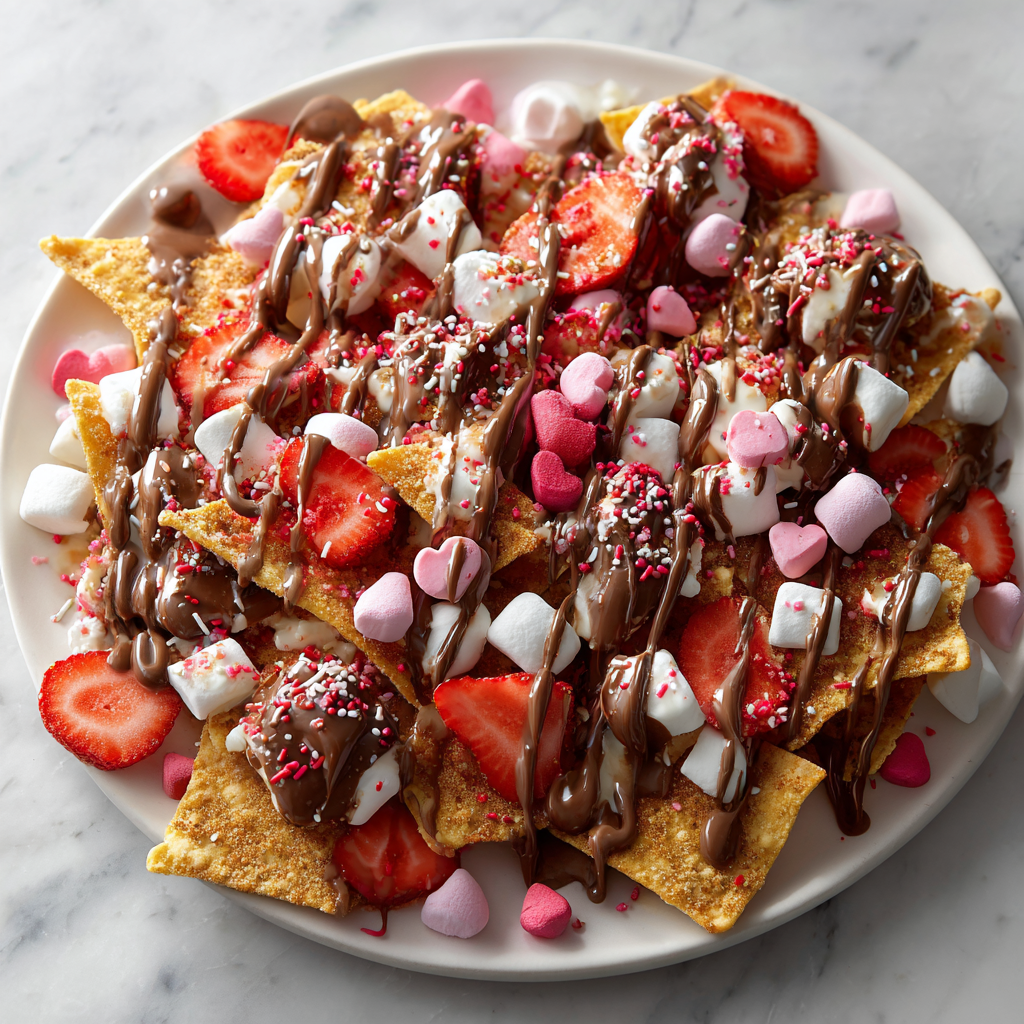Valentine dessert nachos made with cinnamon sugar tortilla chips, melted chocolate, white chocolate drizzle, fresh strawberries, marshmallows, and festive Valentine sprinkles